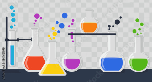 Colorful laboratory glassware with bubbles on transparent background