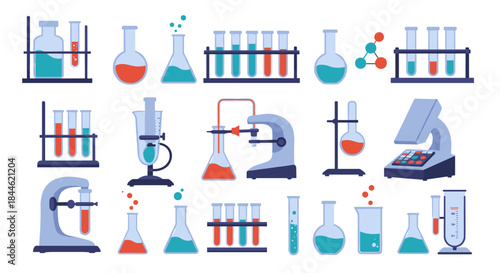 Laboratory equipment flat design collection featuring beakers and test tubes