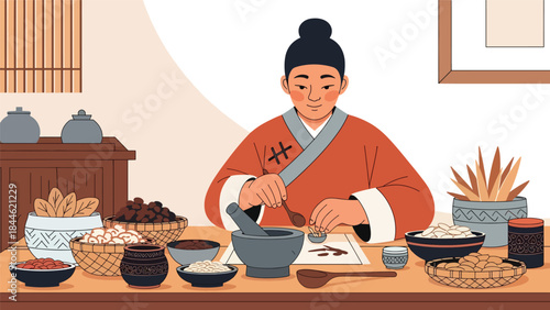 Traditional Taoist herbal medicine preparation illustrated in modern flat vector style, natural wellness concept, ideal for health, culture, and holistic content