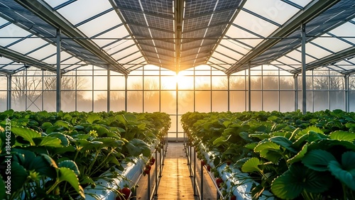 strawberry plants growing in a large greenhouse at sunrise
