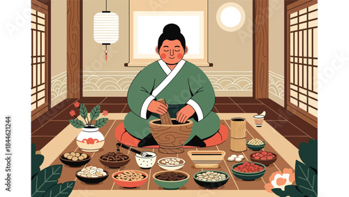 Traditional Taoist herbal medicine preparation illustrated in modern flat vector style, natural wellness concept, ideal for health, culture, and holistic content