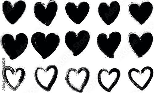 Set of black fill hearts with brush stroke effect isolated on transparent background, symbol of love and passion