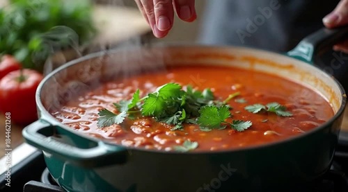 Chef adding fresh cilantro to simmering tomato sauce in kitchen  