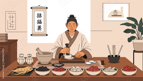 Traditional Taoist herbal medicine preparation illustrated in modern flat vector style, natural wellness concept, ideal for health, culture, and holistic content