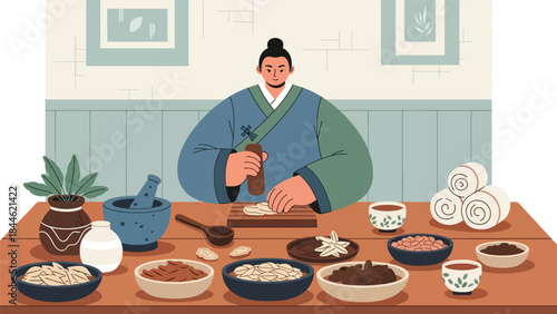 Traditional Taoist herbal medicine preparation illustrated in modern flat vector style, natural wellness concept, ideal for health, culture, and holistic content