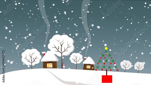 Christmas scene with happy Christmas penguin, landscape with snowfall and houses