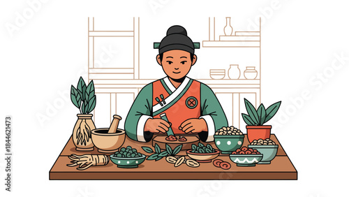 Traditional Taoist herbal medicine preparation illustrated in modern flat vector style, natural wellness concept, ideal for health, culture, and holistic content