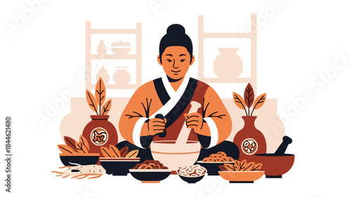 Traditional Taoist herbal medicine preparation illustrated in modern flat vector style, natural wellness concept, ideal for health, culture, and holistic content