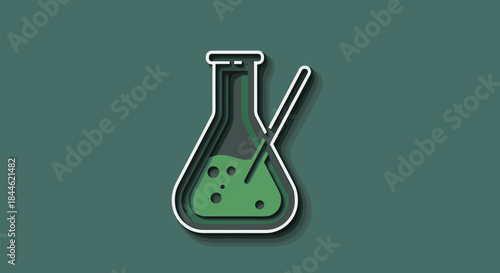 Science experiment flat design: chemistry flask with liquid and stirrer