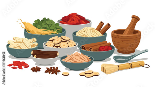 Traditional Taoist herbal medicine preparation illustrated in modern flat vector style, natural wellness concept, ideal for health, culture, and holistic content