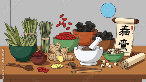Traditional Taoist herbal medicine preparation illustrated in modern flat vector style, natural wellness concept, ideal for health, culture, and holistic content
