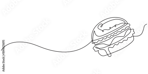continuous one line of delicious sandwich burger fast food or junk food. Sketch drawing editable stroke concept vector illustration for meal cafe or restaurant