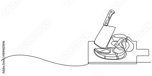 continuous one line drawing of butcher's cleaver and steak vector ,Cleaver icon line continuous drawing vector. One line of butcher knife. Abstract minimal continuous line. Pro, Beef, Chicken ,mutton,