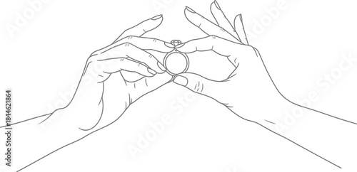 Hands delicately holding a diamond ring in a minimalist black and white drawing