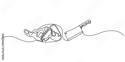 continuous one line drawing of butcher's cleaver and steak vector ,Cleaver icon line continuous drawing vector. One line of butcher knife. Abstract minimal continuous line. Pro, Beef, Chicken ,mutton,