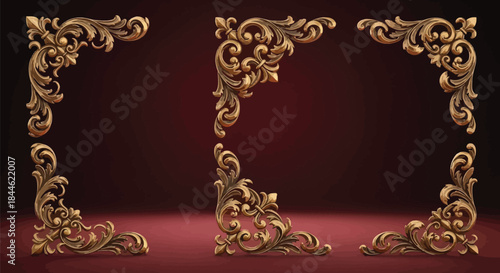 Ornate golden corner flourishes creating a frame on a deep red background space