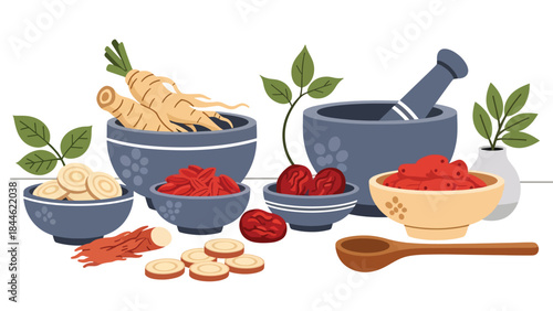 Traditional Taoist herbal medicine preparation illustrated in modern flat vector style, natural wellness concept, ideal for health, culture, and holistic content