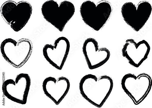 Set of black brush stroke hearts and fill hearts isolated on transparent background, symbol of love and passion
