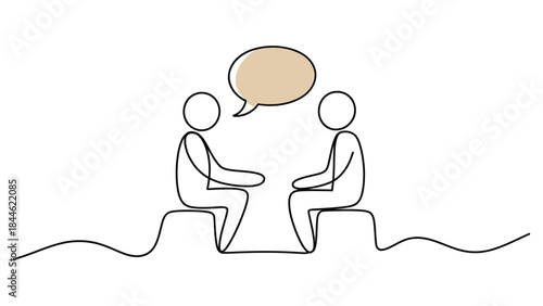 two people having conversation with speech bubble showing communication discussion dialogue and teamwork concept minimal line illustration