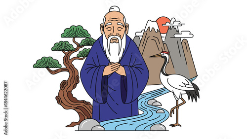 Taoist longevity philosophy illustrated with peaceful elderly figure, modern flat vector design, ideal for wellness, spirituality, and healthy lifestyle visuals