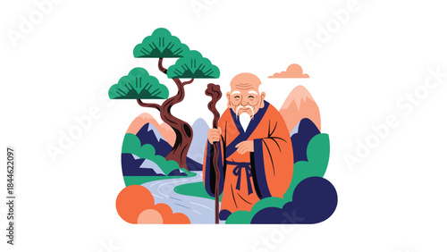 Taoist longevity philosophy illustrated with peaceful elderly figure, modern flat vector design, ideal for wellness, spirituality, and healthy lifestyle visuals