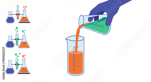 Colorful chemistry experiment with hand pouring liquid into beaker in graphic design