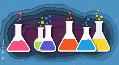 Colorful lab flasks with bubbles in vibrant abstract layers