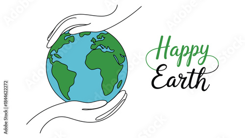 hands protecting planet earth illustration with happy earth text symbolizing environment protection sustainability ecology and global care concept