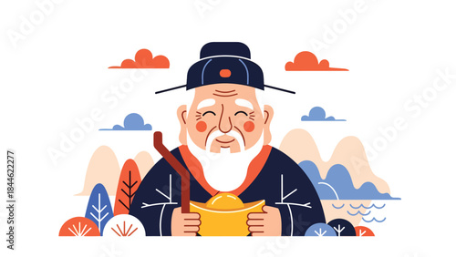 Taoist longevity philosophy illustrated with peaceful elderly figure, modern flat vector design, ideal for wellness, spirituality, and healthy lifestyle visuals