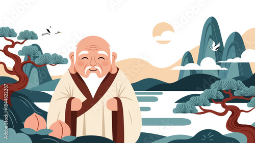 Taoist longevity philosophy illustrated with peaceful elderly figure, modern flat vector design, ideal for wellness, spirituality, and healthy lifestyle visuals
