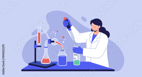Scientist conducting laboratory experiments with lab equipment in flat design