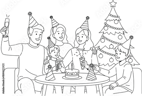 Family celebrating christmas with cake and drinks in a festive line art style