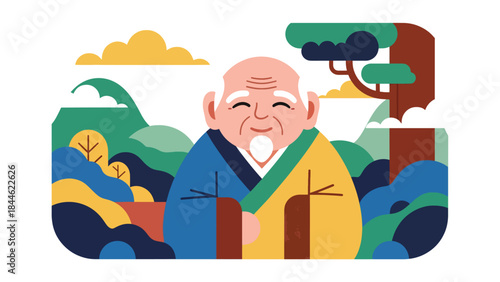 Taoist longevity philosophy illustrated with peaceful elderly figure, modern flat vector design, ideal for wellness, spirituality, and healthy lifestyle visuals