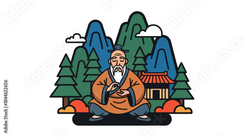 Taoist mountain retreat lifestyle illustrated in modern flat vector style, peaceful solitude and harmony with nature, ideal for mindfulness and spiritual themes