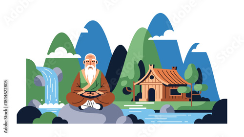 Taoist mountain retreat lifestyle illustrated in modern flat vector style, peaceful solitude and harmony with nature, ideal for mindfulness and spiritual themes