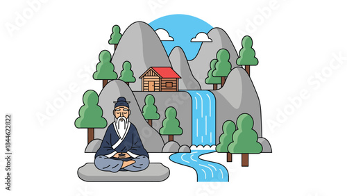 Taoist mountain retreat lifestyle illustrated in modern flat vector style, peaceful solitude and harmony with nature, ideal for mindfulness and spiritual themes