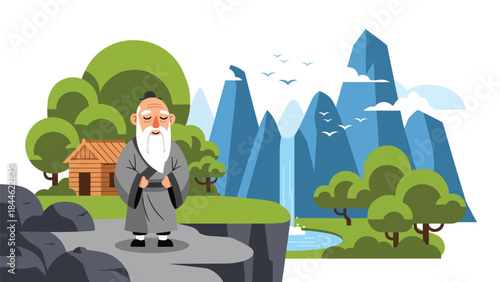 Taoist mountain retreat lifestyle illustrated in modern flat vector style, peaceful solitude and harmony with nature, ideal for mindfulness and spiritual themes