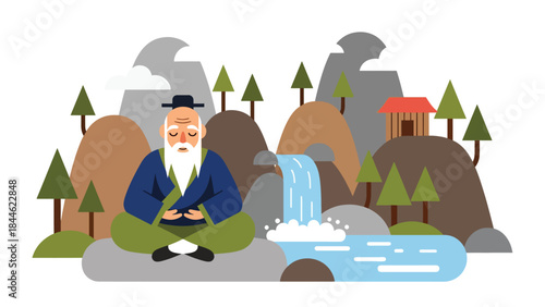 Taoist mountain retreat lifestyle illustrated in modern flat vector style, peaceful solitude and harmony with nature, ideal for mindfulness and spiritual themes