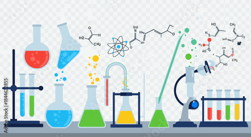 Colorful flat design of chemistry lab equipment and molecular structures