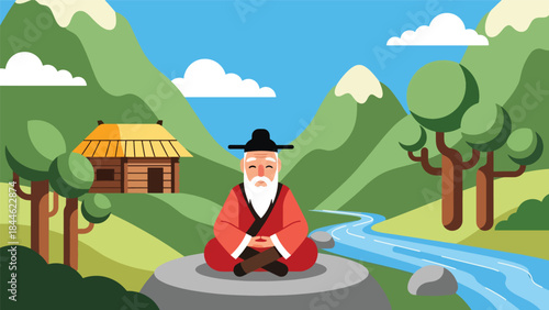 Taoist mountain retreat lifestyle illustrated in modern flat vector style, peaceful solitude and harmony with nature, ideal for mindfulness and spiritual themes