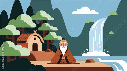 Taoist mountain retreat lifestyle illustrated in modern flat vector style, peaceful solitude and harmony with nature, ideal for mindfulness and spiritual themes