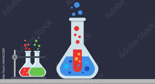 Colorful laboratory flasks with bubbling liquids on dark background
