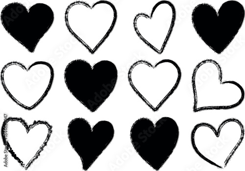 Set of black fill hearts and brush stroke hearts isolated on transparent background, symbol of love and passion