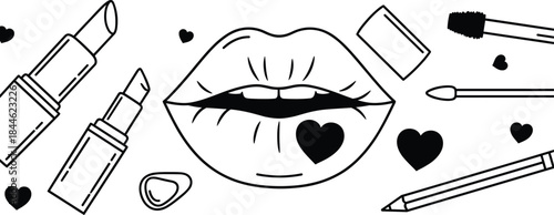 Makeup and Beauty Illustration Icon Set Featuring Lips, Lipstick, Eyeliner, Cosmetic Tools, and Heart Elements for Fashion, Glamour, and Feminine Design Projects