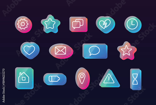 Icons glassmorphism effect vector set, letter, heart, star, battery charge, speech bubble, clock, geotag gradient button
