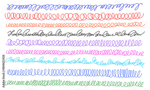 Nine horizontal continuous spiral lines or wavy shapes, hand drawn with colored markers on white background. Vector illustration of textured brushes for design.