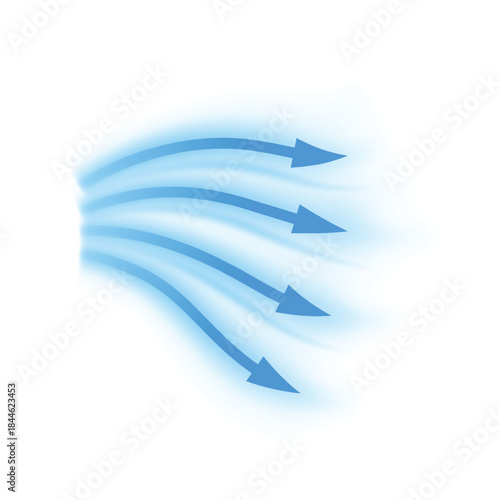 Air flow, curved blue arrows showing wind direction of air movement, vector cold fresh stream, blurred air flow movement