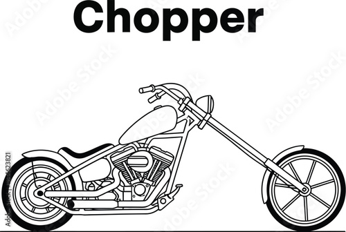 Detailed line art illustration of a classic chopper motorcycle design style