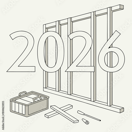 3d isometric illustration of the year 2026 being constructed from unfinished wooden beams with a toolbox and construction tools nearby