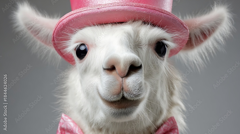 Fototapeta premium Close-up of a white llama wearing a pink top hat and bow tie, smiling at the viewer